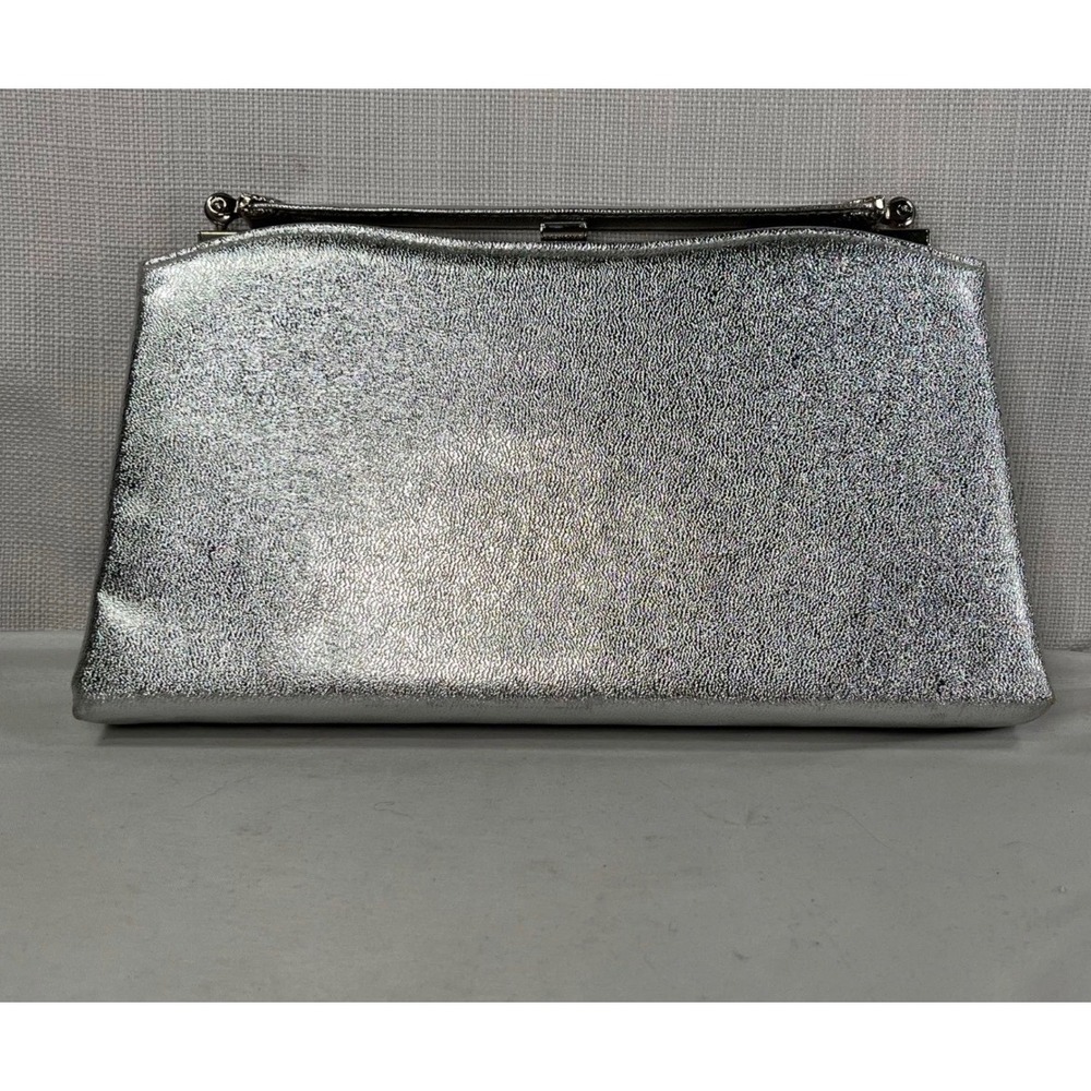 Ande Vintage Metallic Silver Textured Evening Frame Clutch Bag Kiss Lock Closure